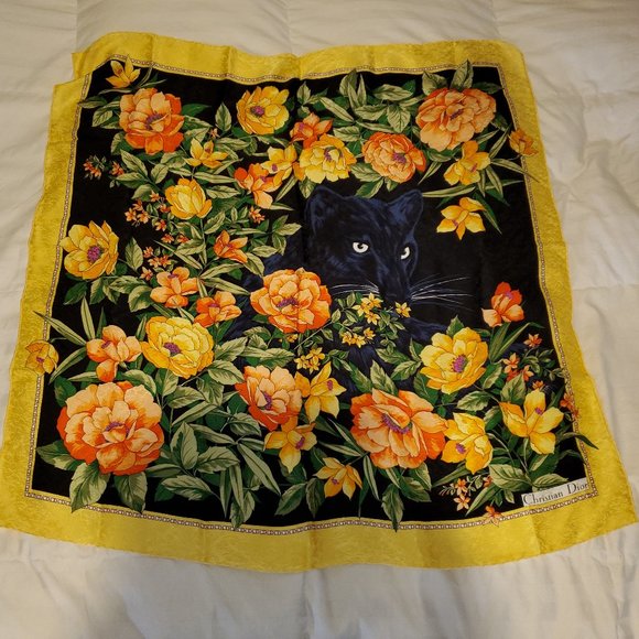 Authentic Vintage Christian Dior 100% Silk Scarf - Yellow, Black Panther, Floral - Picture 1 of 4